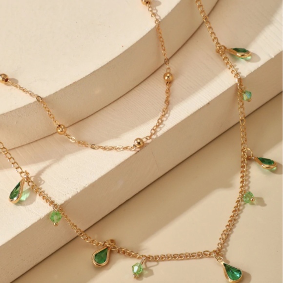Water Drop Green Tear Shaped Layered Gold Necklace - Picture 6 of 7